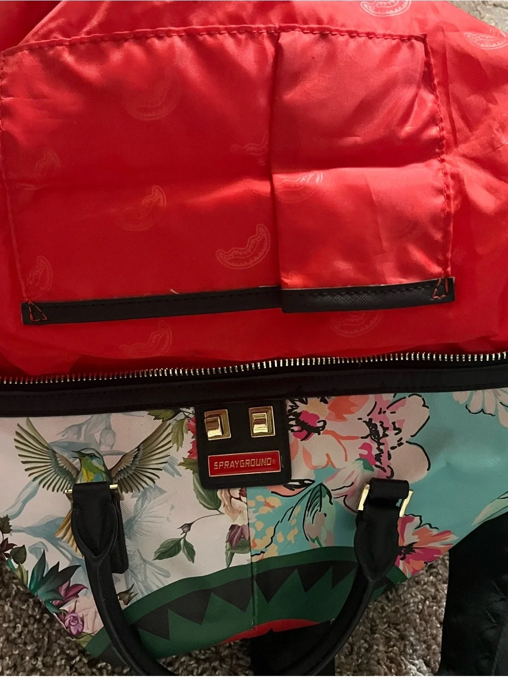 Sprayground Floral Shark Satchel in Teal, Black, Pink